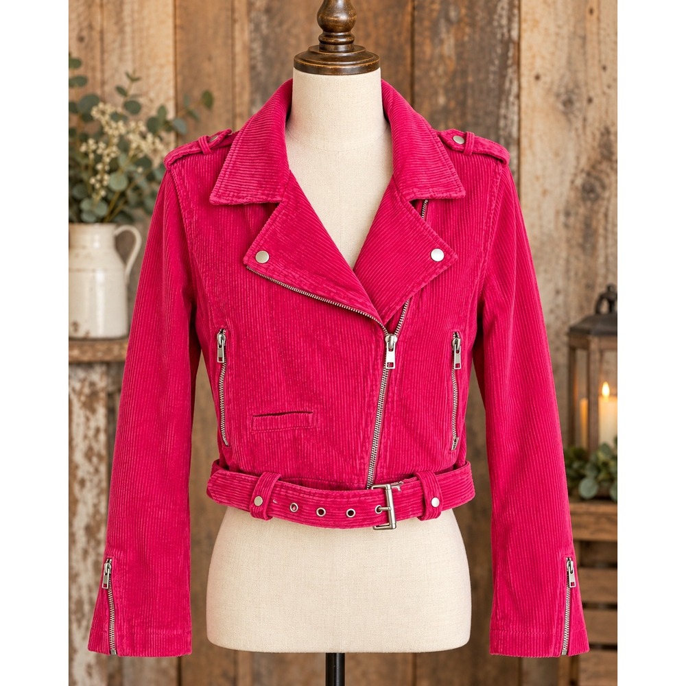 Fate Hot Pink Corduroy Moto Jacket Small Asymmetrical Zip Belted Biker Coat